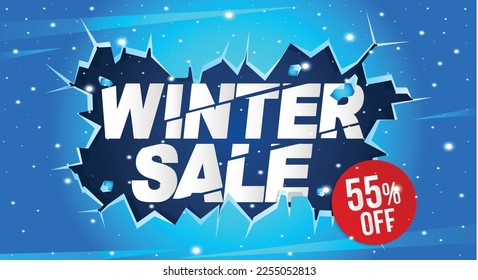 55% off. Winter banner with fifty-five percent discount on a blue balloon for winter sales.