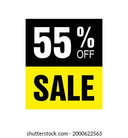 55% off. Yellow and black banner with fifty-five percent discount for mega big sales.