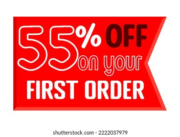 55% de descuento en su primera compra. ilustración de arte vectorial con fuentes y colores variados, blanco, rojo y negro