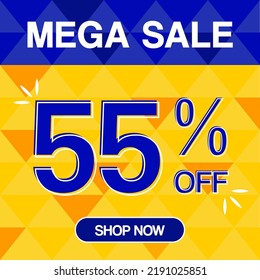 55% percent discoint mega sale tag oranje and blue background shop now