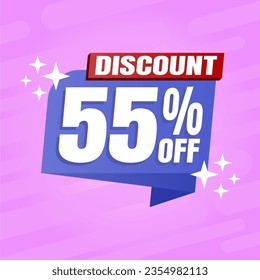 55 percent discount purple banner with blue floating balloon for offers and promotions sales.