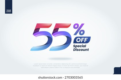 55 Percent Off Banner Vector with Modern 3D Gradient Typography for Sale Promotion