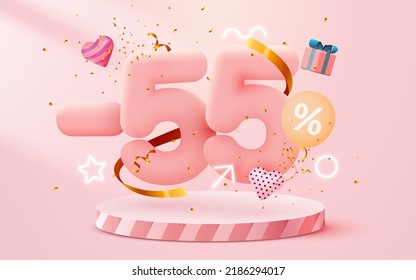 55% percent Off. Discount creative composition. 3d sale symbol with decorative objects, balloons, golden confetti, podium and gift box. Sale banner and poster. Vector illustration.