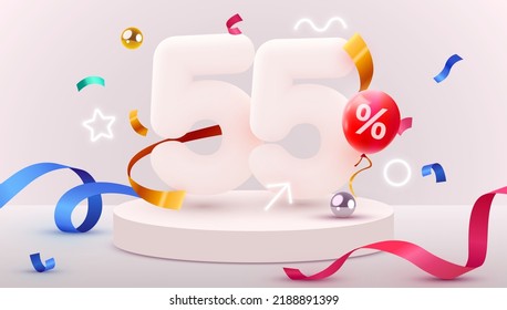55 percent Off. Discount creative composition. 3d sale symbol with decorative objects, balloons, golden confetti, podium and gift box. Sale banner and poster. Vector illustration.