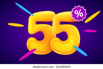 55 percent Off. Discount creative composition. 3d sale symbol with decorative objects. Sale banner and poster. Vector illustration.
