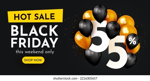 55 percent Off. Discount creative composition. Black Friday sale symbol with balloons and golden confetti. Sale banner and poster. Vector illustration.
