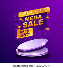 55 percent Off. Discount creative composition. 3d mega sale 55% symbol with decorative objects. Sale banner and poster. Vector illustration.