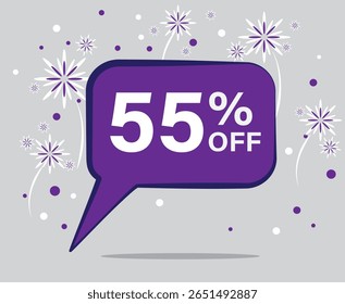 55% de desconto. Desconto para suas vendas. Roxo e cores brancas. 