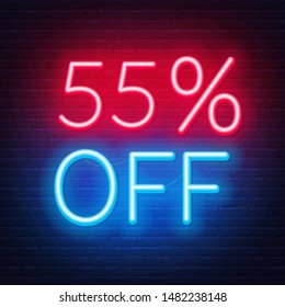 55 percent off neon lettering on brick wall background. Vector illustration
