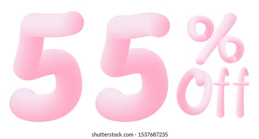 55 percent off Numbers made of chewing gum. Bubble Gum sign . Isolated on white background. Vector 3d font . Design template for big sale / special offer / advertising 