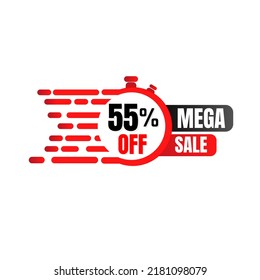55% percent off (offer), mega sale, super discount for a limited time. Red graphic design in Vector Illustration, 