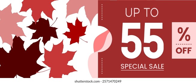 55% percent off red special sale autumn dry leaf banner, up to, modern, fashion, flat, nature, abstract