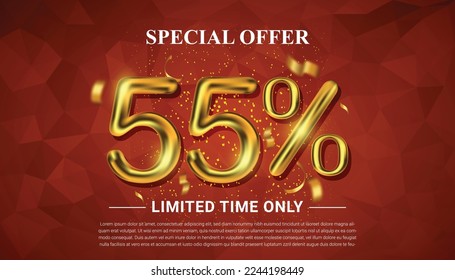 55 percent off selling voucher with 3d golden number vector