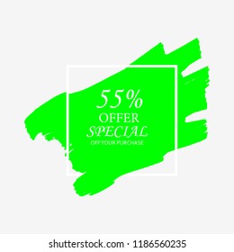 55 percent off spring season sign in green brush over white frame acrylic stroke paint abstract texture background vector illustration. Acrylic grunge ink paint brush stroke. Offer layout design for shop.