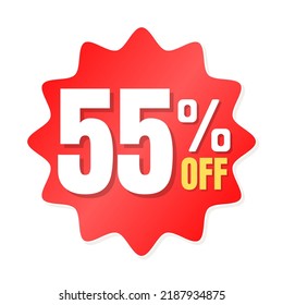 55% percent off(offer), shop now, red and yellow 3D super discount sticker, sale. vector illustration, 