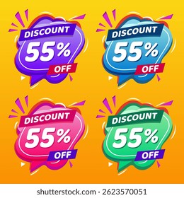 55% de desconto promocional Banner Design com balões coloridos e fundo amarelo para vendas, ofertas e promoções de marketing