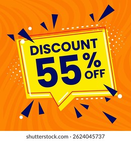 55 Percent Promotional Discount Banner Design with Yellow Balloon and Orange Background for Sales, Offers, and Marketing Promotions