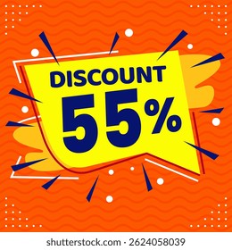 55 Percent Promotional Discount Banner Design with Yellow Balloon and Orange Background for Sales, Offers, and Marketing Promotions