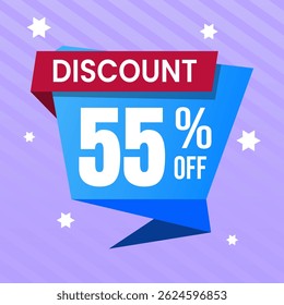55 Percent Promotional Discount Banner Design with Blue Balloon and Purple Background for Sales, Offers, and Marketing Promotions
