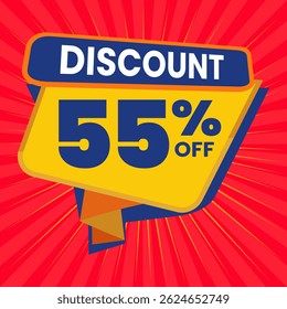 55 Percent Promotional Discount Banner Design with Yellow Balloon and Red Background for Sales, Offers, and Marketing Promotions