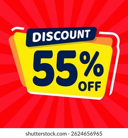 Design de banner com 55% de desconto promocional e fundo vermelho e balão amarelo para vendas, ofertas e promoções de marketing