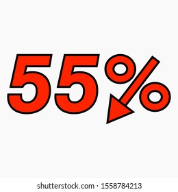 The 55 percent reduction icon is red. Price drop. Interest rate reduction. Sell-out. Stock symbol. Discount. Markdown of goods. Bonus discount. Vector icon.