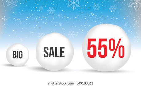 55  percent, Sale background with snowballs and snow. Sale. Winter sale. Christmas sale. New year sale. Vector illustration