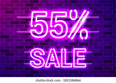 55 percent SALE glowing neon lamp sign. Realistic vector illustration. Purple brick wall, violet glow, metal holders.