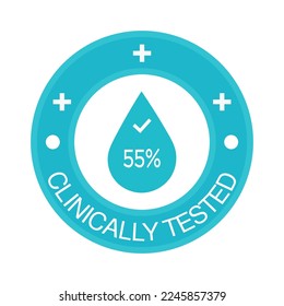 55% percentage clinically tested sign label vector art illustration. Blue Color isolated on white background.
