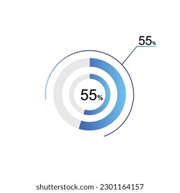 55% percentage infographic circle icons, 55 percents pie chart infographic elements for Illustration, business, web design.