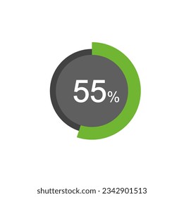 55% percentage infographic circle icons, 55 percents pie chart infographic elements.