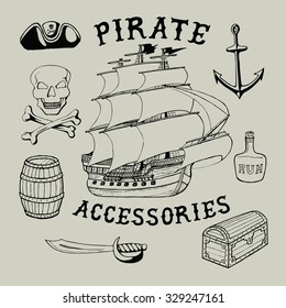 55 Pirate Accessories. Handmade ship, roger, barrel, sword, hat, chest, skull, bottle, bones retro style. Design fashion apparel print. T shirt graphic vintage  vector illustration badge label logo. 