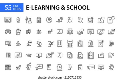 55 pixel perfect line art icons. E-learning school and college education