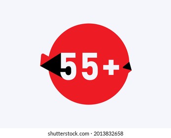 55 plus Age limit icons, 55+ restriction flat sign isolated on white background