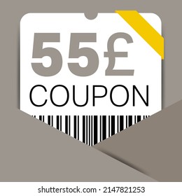 55 Pound Coupon promotion sale for a website, internet ads, social media gift 55 off discount voucher. Big sale and super sale coupon discount. Price Tag Mega Coupon discount vector illustration.