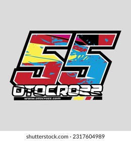 55. red color racing number, sport racing number with black blue,yellow abstract style vector illustration .isolated gray background