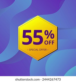 55% Sale and Discount Label. Fifty five percent Sale Discount label Geometric design. Abstract Blue and Yellow Hexagon. Vector illustration.