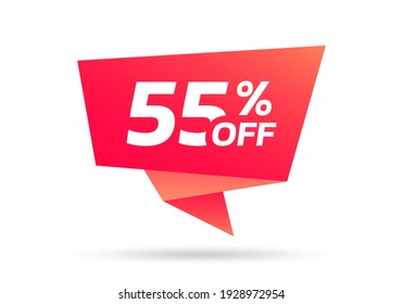 55% sale or discount tag, sticker or origami label. 45 percent price off badge. Promotion, ad banner, promo coupon design element. Vector illustration.