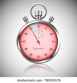 55 seconds. Silver realistic stopwatch with reflection. Vector.