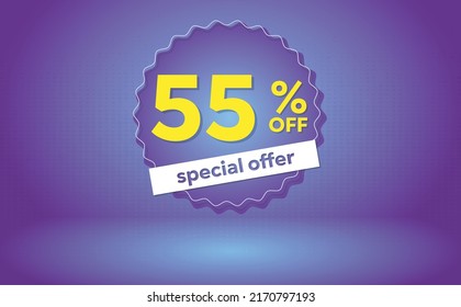 55, 55%, special offer board in purple, yellow and white