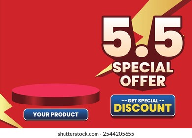 5.5 Special Offer sale banner with a red background, featuring a product display stage, lightning accents, and a ‘Get Special Discount’ button.