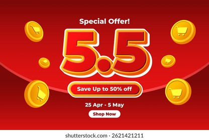 5.5 super sale promo banner with discount offer. 5.5 shopping festival super sale banner. Flash sale special offer banner for social media post or website banner. Flash sale campaign
