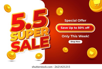 5.5 super sale promo banner with discount offer. 5.5 shopping festival super sale banner. Flash sale special offer banner for social media post or website banner. Flash sale campaign