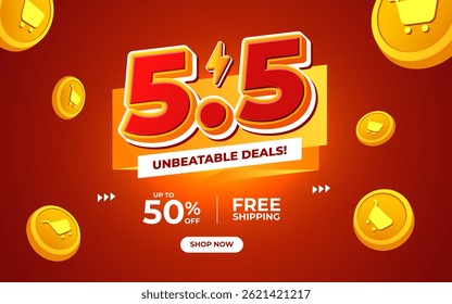 5.5 super sale promo banner with discount offer. 5.5 shopping festival super sale banner. Flash sale special offer banner for social media post or website banner. Flash sale campaign