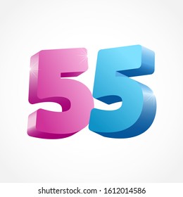 55 th anniversary numbers. 55 years old coloured logotype. Isolated abstract graphic design template. Creative set of 3D digits.