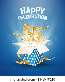 55 th years anniversary and open gift box with explosions confetti. Isolated design element. Template fifty fifth birthday celebration on blue background vector Illustration