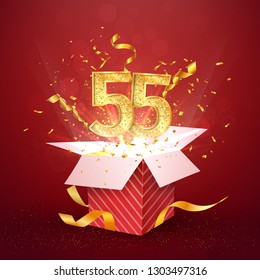 55 th years number anniversary and open gift box with explosions confetti isolated design element. Template fifty five birthday celebration on red background vector Illustration.