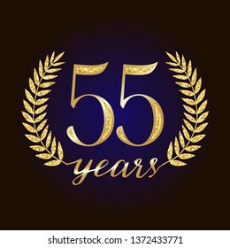 55 th years old anniversary logotype. Isolated elegant abstract graphic design template. Golden glittering sign