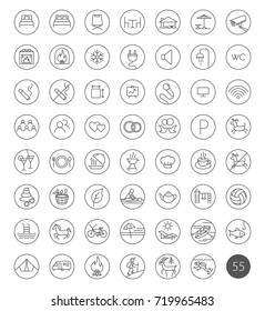 55 tourism travel hotel recreation line icons set