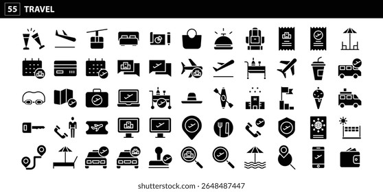 55 iconos de viaje: imágenes completas para viajes globales, turismo, vacaciones y logística de aventura